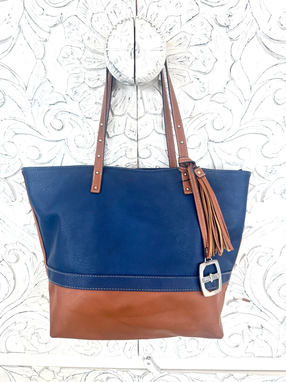 Ellen Tracy Navy and Brown Leather Two-Tone Tote with Tassel Charm